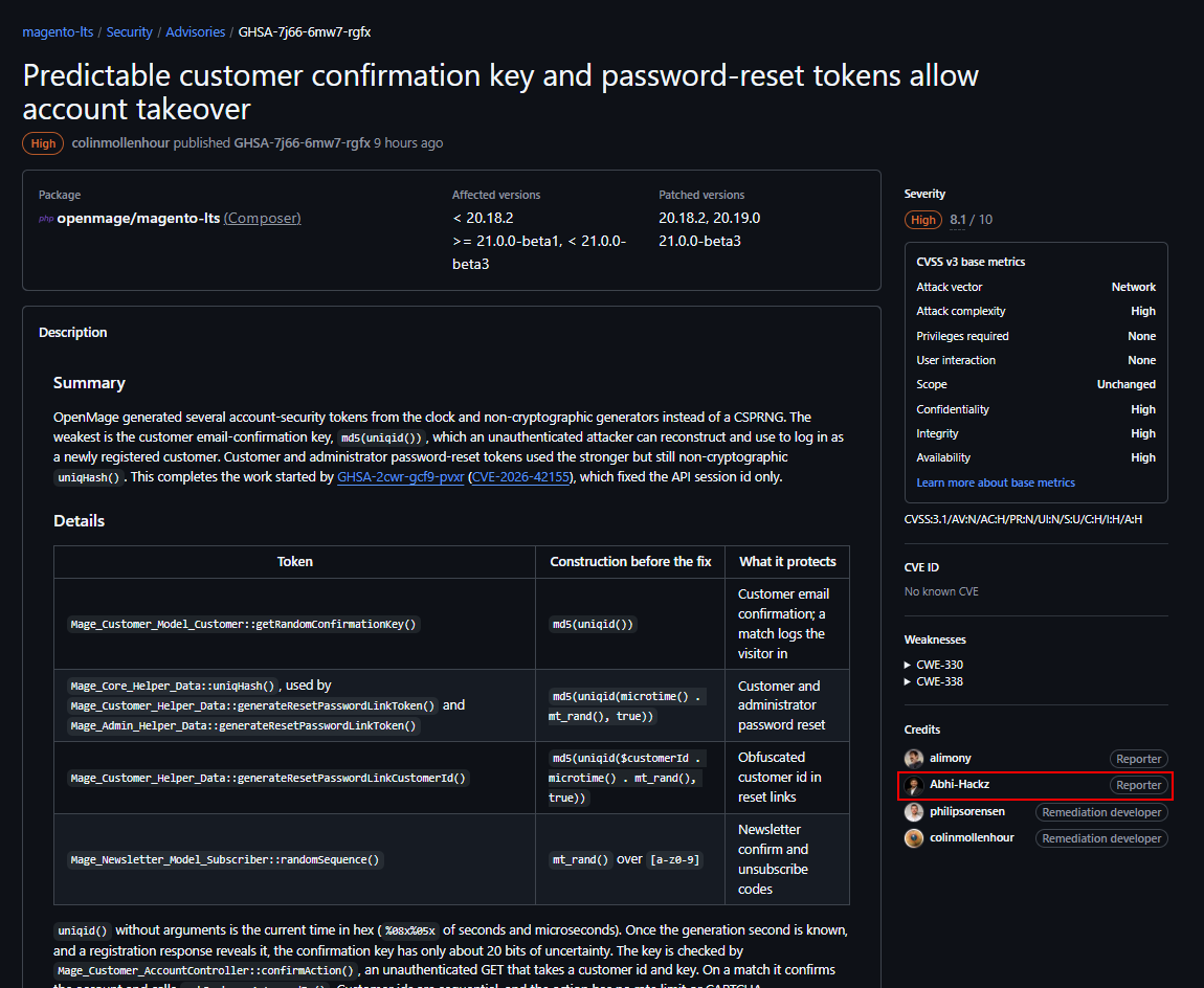 Predictable tokens account takeover — the GitHub Security Advisory crediting Abhi-Hackz as Reporter