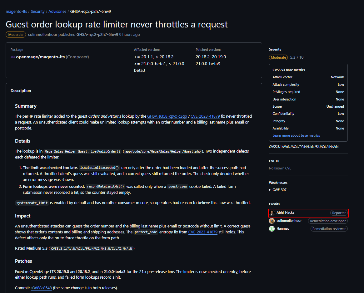 Guest order lookup rate limiting — the GitHub Security Advisory crediting Abhi-Hackz as sole Reporter